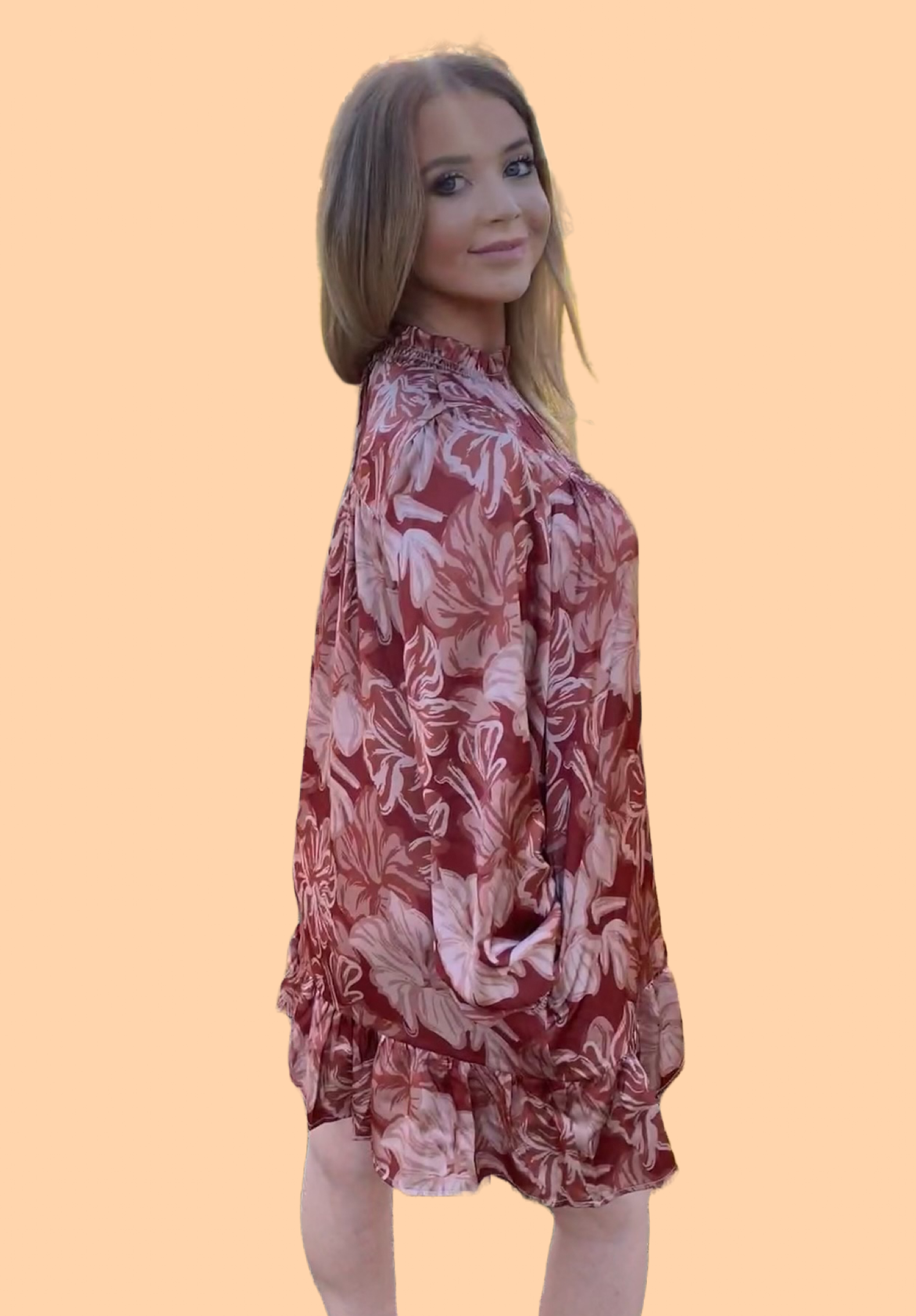 Floral Print Satin Mock Neck Dress