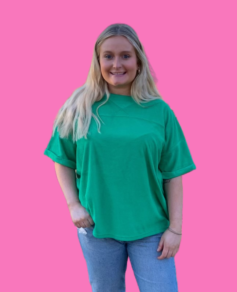 Loose-Fit Contrast Knit Top with Round Neckline and Short Sleeves