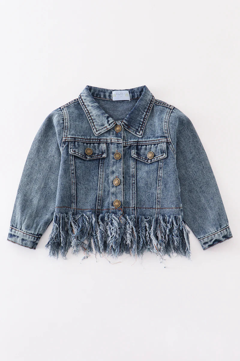 Dark Blue Tassel Button Down Denim Shirt