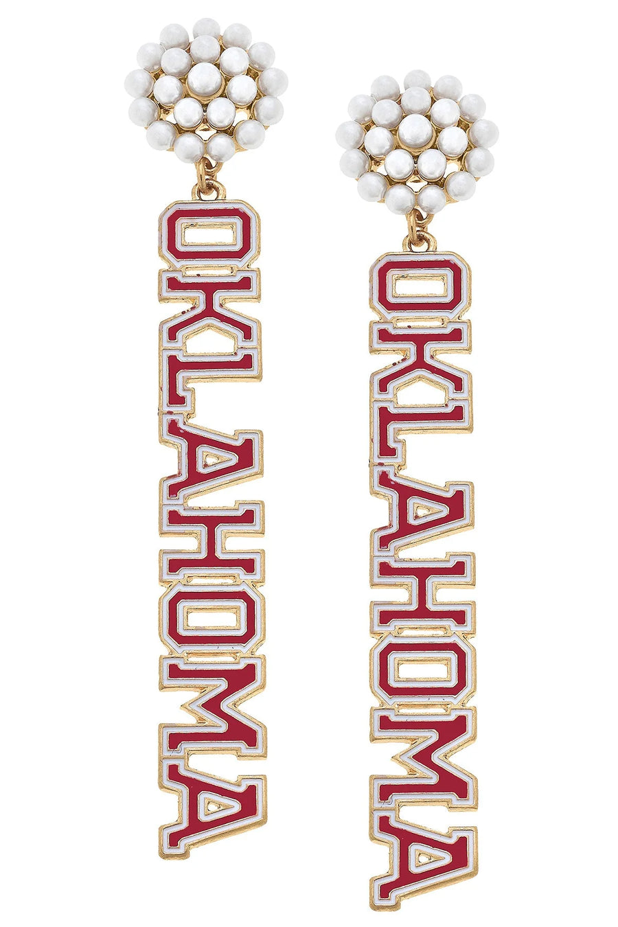 Oklahoma Sooners Pearl Cluster Dotted Enamel Drop Earrings