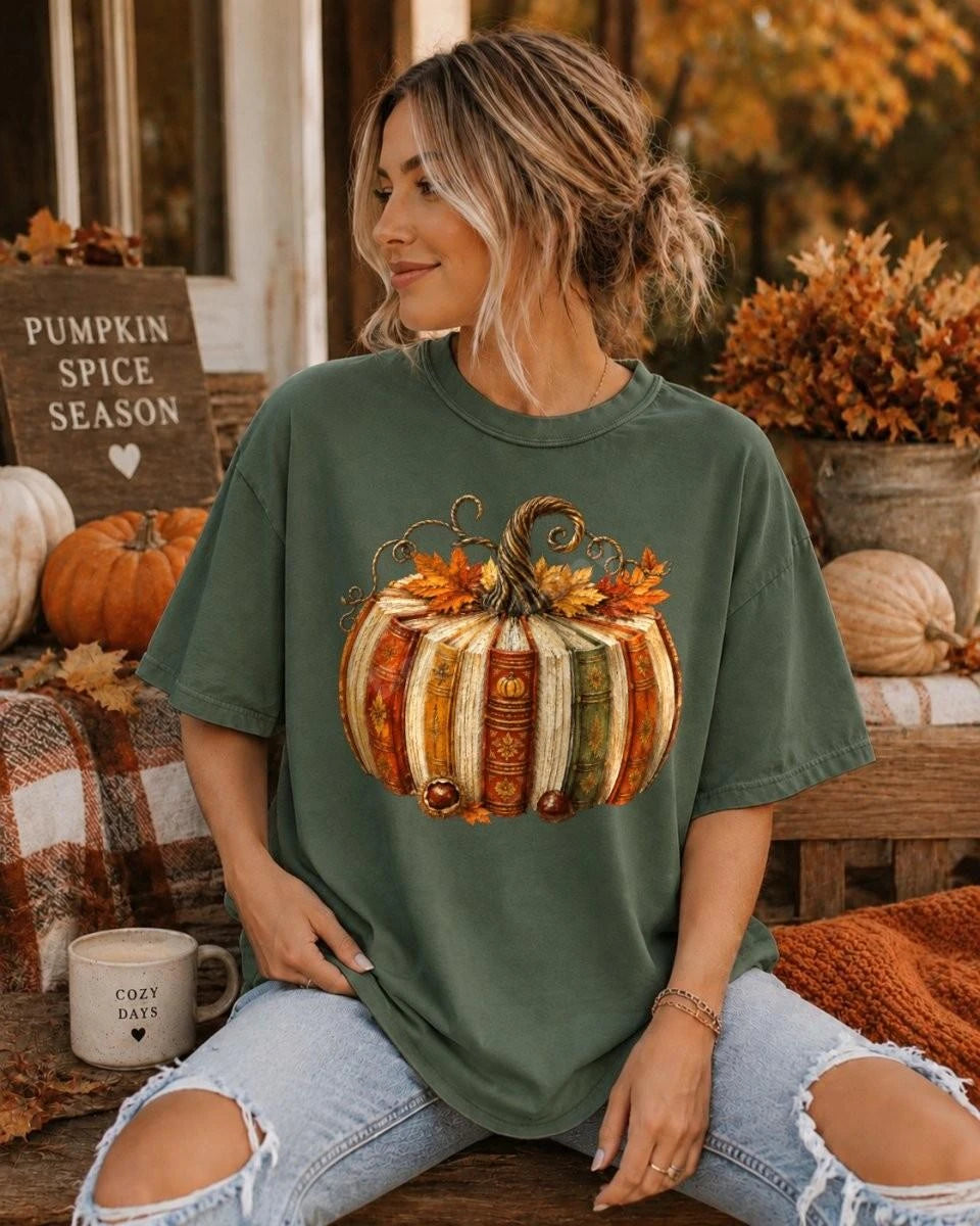 Vintage book pumpkin fall tee