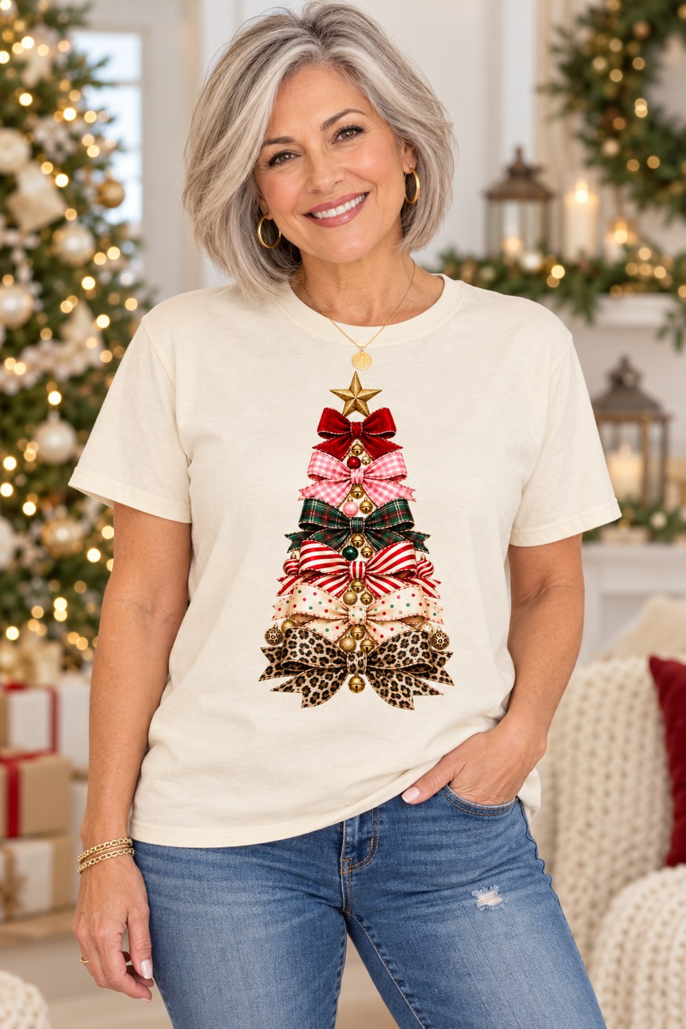 Bow Christmas Tree cream tee