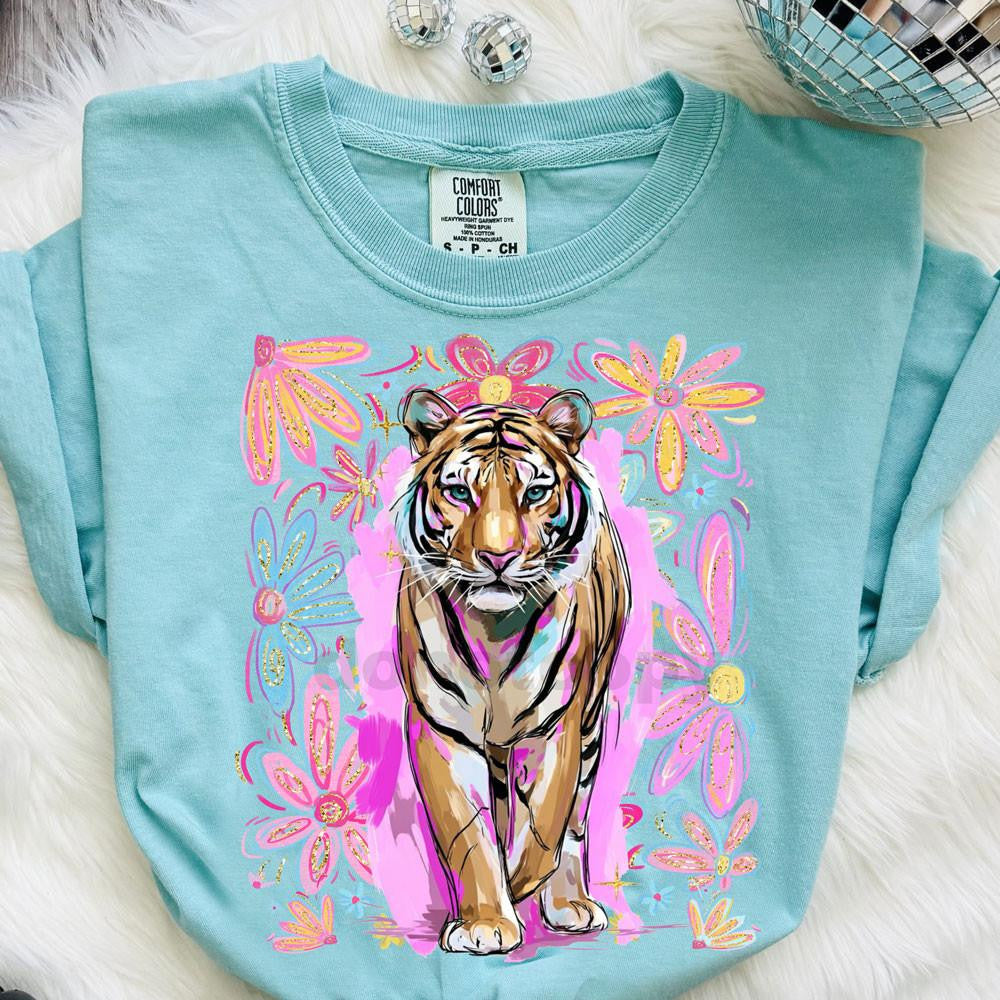 Floral tiger graphic with pink daisies on a chalky mint Comfort Colors tee