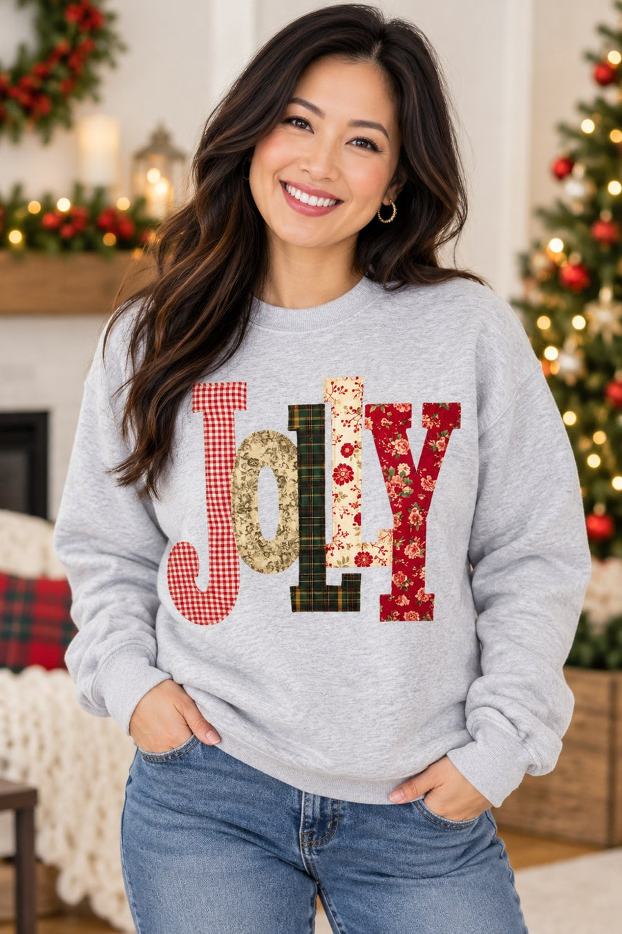 Jolly floral patchwork grey Christmas sweatshirt