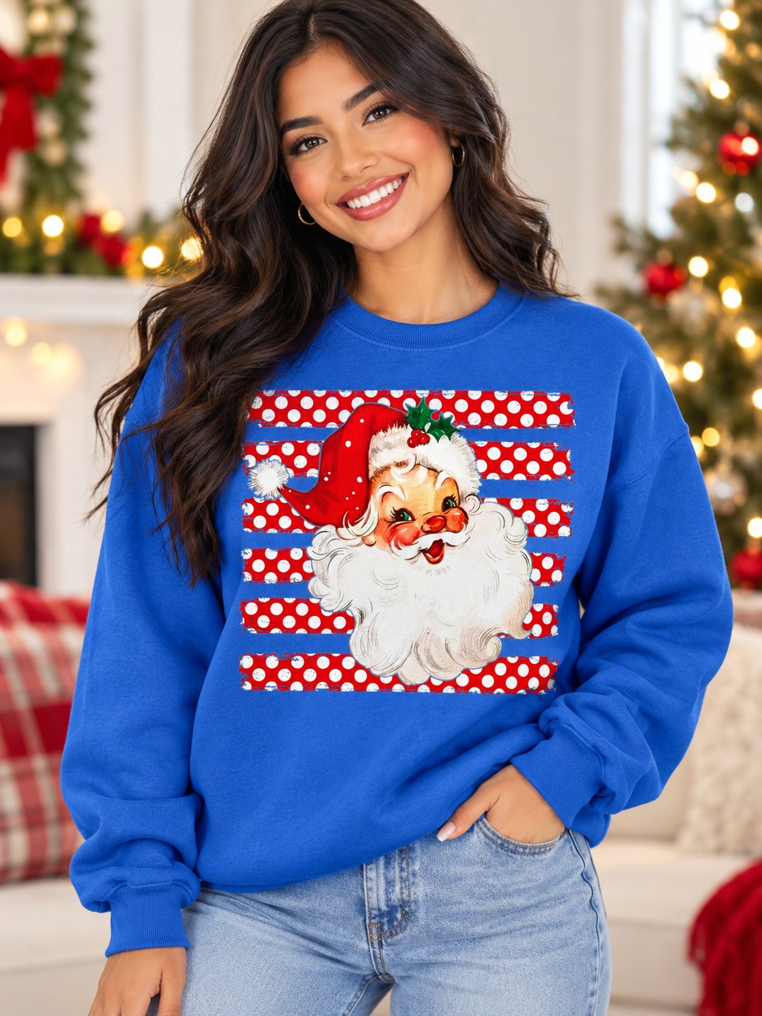 Retro winking Santa blue Christmas sweatshirt