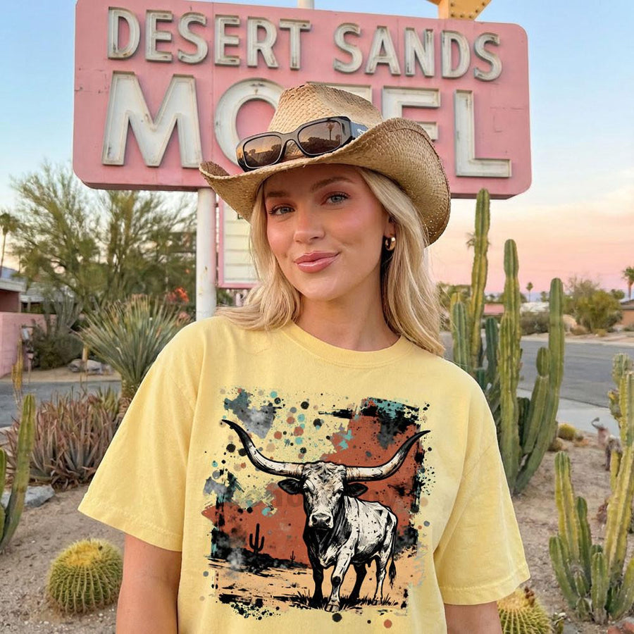 Rustic longhorn western graphic on a butter yellow Comfort Colors tee