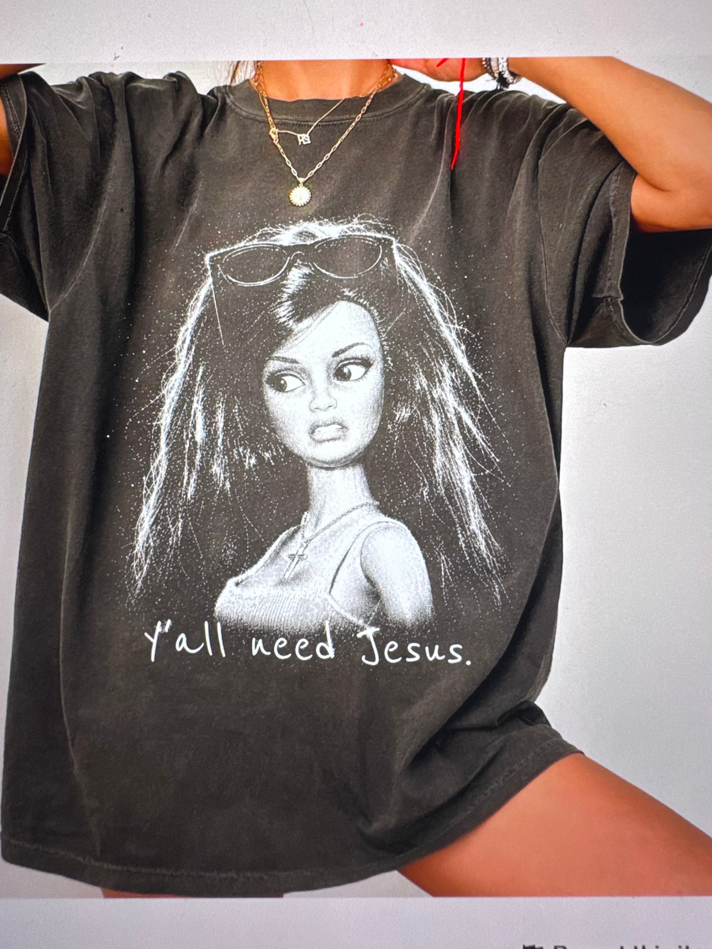 Y'all Need Jesus graphic tee on washed black Comfort Colors