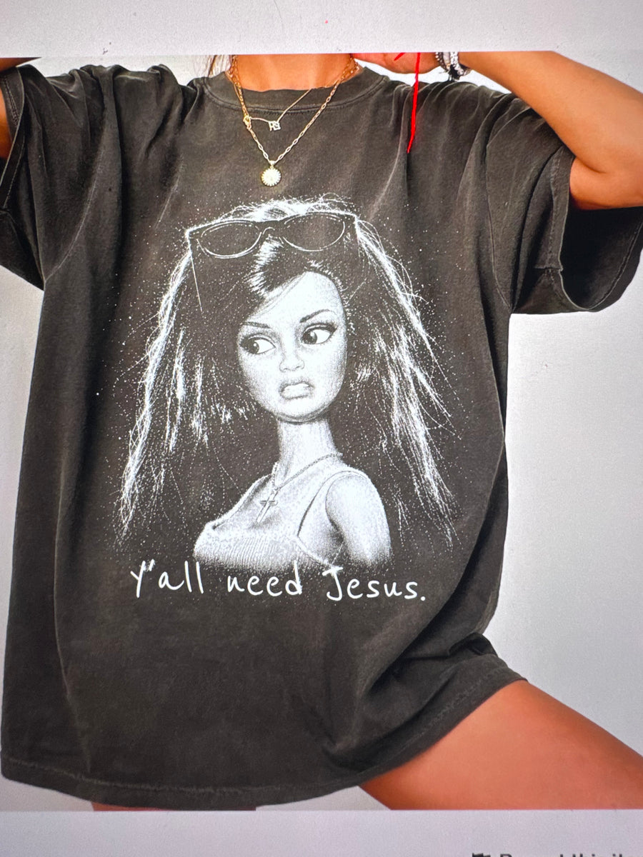 Y'all Need Jesus graphic tee on washed black Comfort Colors